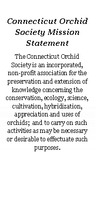 Text Box: Connecticut Orchid Society Mission StatementThe Connecticut Orchid Society is an incorporated, non-profit association for the preservation and extension of knowledge concerning the conservation, ecology, science, cultivation, hybridization, appreciation and uses of orchids;  and to carry on such activities as may be necessary or desirable to effectuate such purposes.