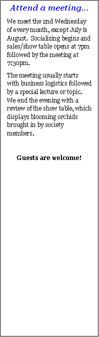 Text Box: Attend a meeting...
We meet the 2nd Wednesday of every month, except July & August. Socializing begins and sales/show table opens at 7pm followed by the meeting at 7:30pm.
The meeting usually starts with business logistics followed by a special lecture or topic. We end the evening with a review of the show table, which displays blooming orchids brought in by society members.
Guests are welcome!